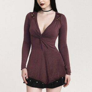 Y2K Vertigo Paris Blouse Women M Brown Rayon Twisted Surplice V Neck LS FLAW